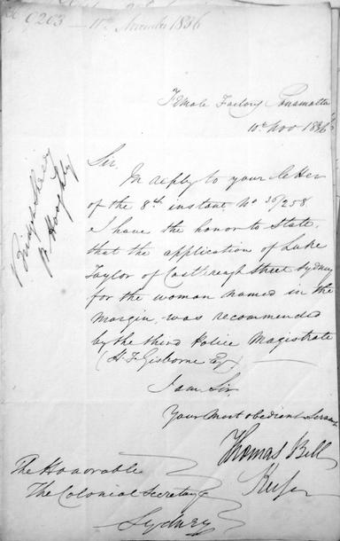 Thomas Bell to Colonial Secetary in relation to Luke Taylor's application for female convict, 10 November 1836, NSWSA: NRS 905, [4/2317.2] 36/9203.