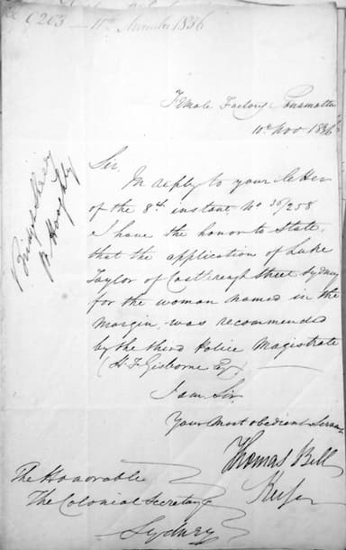 Thomas Bell to Colonial Secetary in relation to Luke Taylor's application for female convict, 10 November 1836, NSWSA: NRS 905, [4/2317.2] 36/9203.